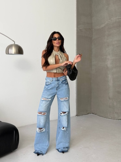 Blugi wide leg cu multiple rupturi fata-verso - Img 3