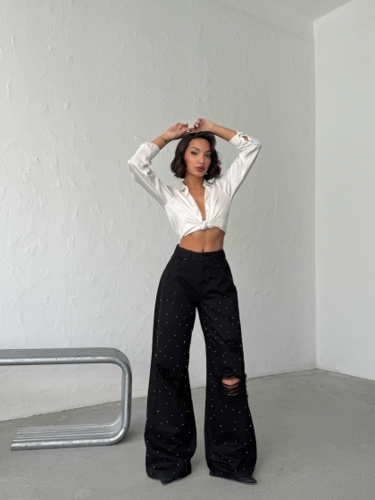 Blugi wide-leg din denim cu detalii strălucitoare - Img 5