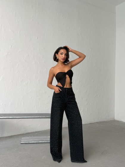 Blugi wide leg din denim cu detalii strălucitoare - Img 6