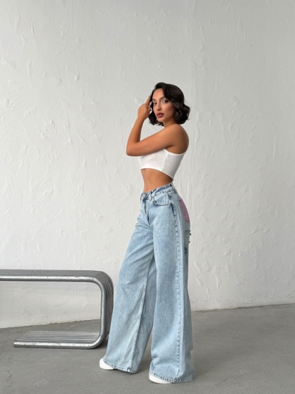 Blugi wide leg din denim cu rupturi pe posterior - Img 7