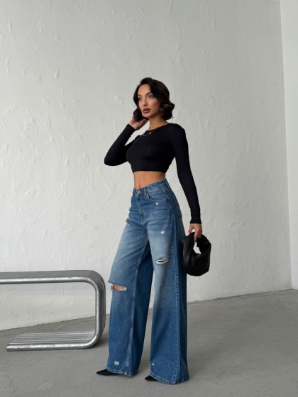 Blugi wide leg din denim cu rupturi - Img 9