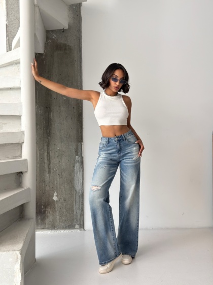 Blugi wide leg elastici cu rupturi și efect prespălat - Img 6