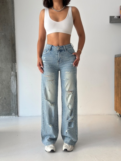 Blugi wide leg usor elastici accesorizati cu strasuri - Img 2