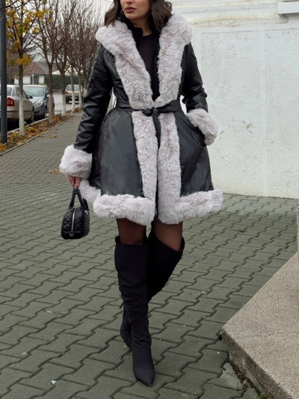 Geaca lunga din imitatie de piele cu blana artificiala - Img 7