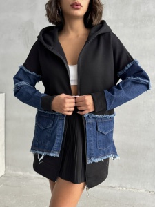 Hanorac cu fermuar din bumbac cu denim - Img 1