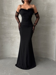 Rochie eleganta lunga accesorizata cu strasuri si puf - Img 1