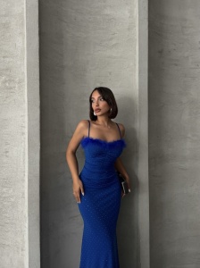 Rochie eleganta lunga accesorizata cu strasuri si puf - Img 7