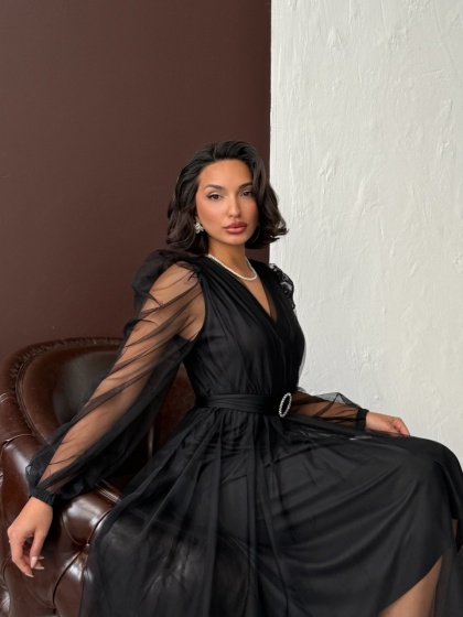 Rochie eleganta lunga cu accesoriu in talie din tull - Img 8