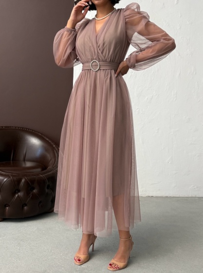 Rochie eleganta lunga cu accesoriu in talie din tull - Img 4