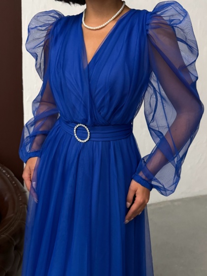 Rochie eleganta lunga cu accesoriu in talie din tull - Img 1