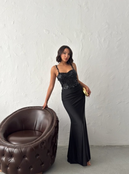 Rochie eleganta lunga cu broderie florală și paiete - Img 5