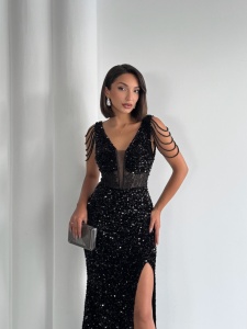 Rochie eleganta lunga cu paiete si lantisoare pe umeri - Img 5
