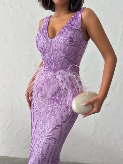 Rochie eleganta lunga cu paiete si pene - Img 1