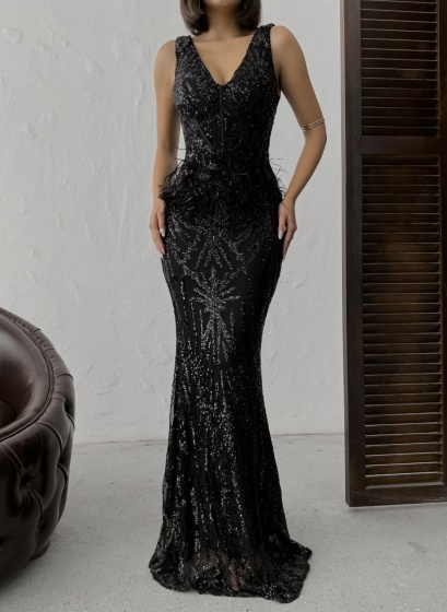 Rochie eleganta lunga cu paiete si pene - Img 3