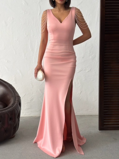 Rochie eleganta lunga tip sirena accesorizata cu lantisoare - Img 4