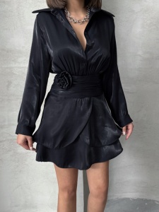 Rochie eleganta stil camasa cu maneca lunga accesorizata cu pampon - Img 2