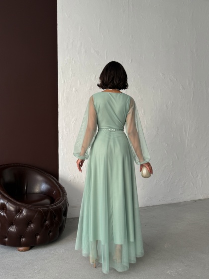 Rochie lunga din tull cu accesoriu in talie - Img 2