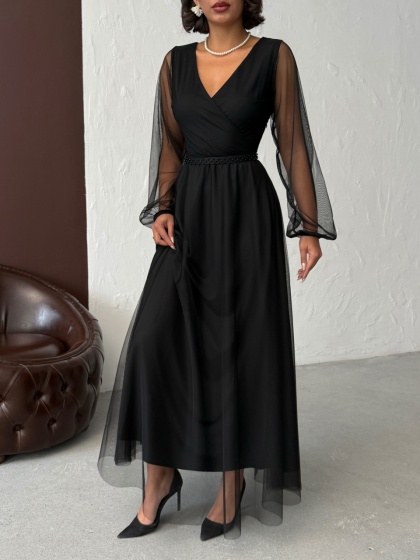 Rochie lunga din tull cu accesoriu in talie - Img 5