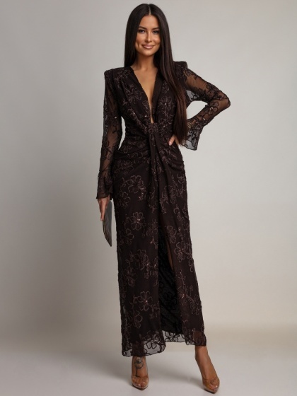 Rochie lungă din tull, cu broderie florală, paiete strălucitoare și mâneci evazate tip clopot - Img 3