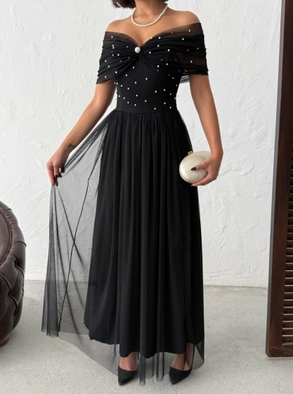 Rochie lunga din tull cu detalii perle - Img 4