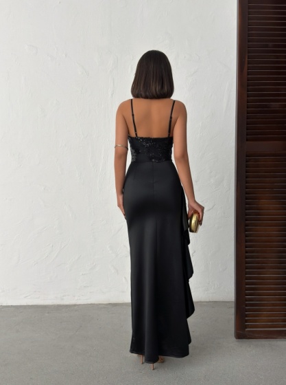 Rochie lunga eleganta din satin cu bust brodat si paiete - Img 2