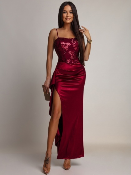 Rochie lunga eleganta din satin cu bust brodat si paiete - Img 2