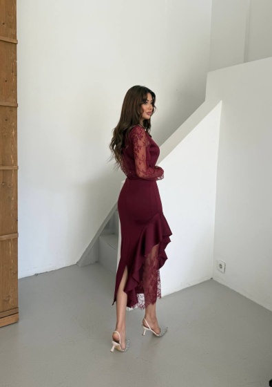 Rochie midi eleganta cu dantelă și detalii volan - Img 3