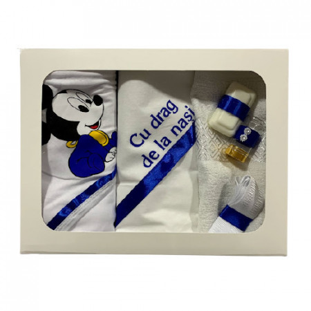 Trusou pentru botez, Mickey Mouse,alb-albastru,6 piese