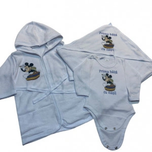 Set Prima baita, 3 piese, imrpimat diverse personaje, prosop baie, body, halat bebe, baiat, en gros