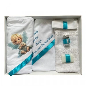 Trusou de botez, 6 piese Baby Ingeras imprimat, turquaz