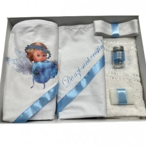 Trusou de botez, 6 piese,Ingeras baietel, bleu, imprimat, en gros