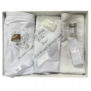 Trusou de botez, 6 piese Ingeras imprimat, alb