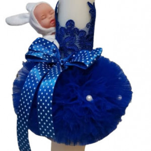 Lumanare de botez,glob bleumarin cu bebelus si fundita