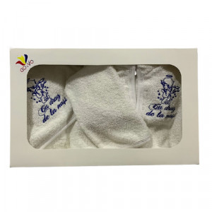 Set de baie 3 piese, halat, prosop cu capison si manusa, broderie ingeras, cu mesaj, alb/albastru, en gros