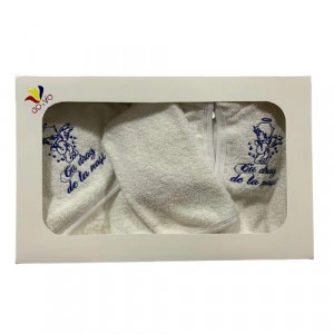 Set de baie 3 piese, halat, prosop cu capison si manusa, broderie ingeras, cu mesaj, alb/albastru, en gros