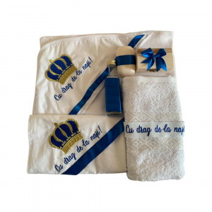 Trusou Botez cu broderie coroană Prinț, 7 Piese, albastru, en gros