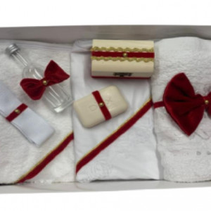 Trusou de botez 7 piese, funda catifea burgundy