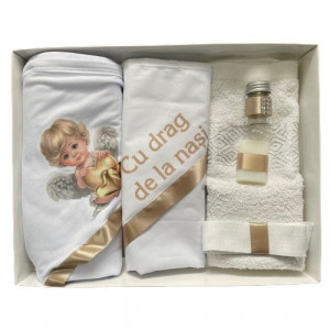 Trusou de botez, 6 piese Baby Ingeras imprimat, cafeniu