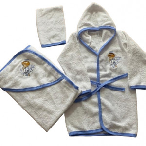 Set de baie 3 piese, halat, prosop cu capison si manusa,alb/bleu, en gros