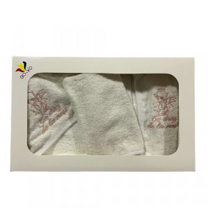 Set de baie 3 piese, halat, prosop cu capison si manusa, broderie ingeras, cu mesaj, roz pudra