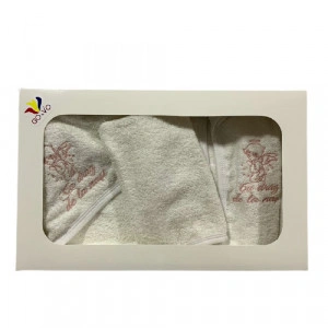 Set de baie 3 piese, halat, prosop cu capison si manusa, broderie ingeras, cu mesaj, roz pudra