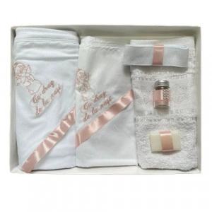 Trusou de botez, 6 piese Baby Ingeras brodat, roz pudra