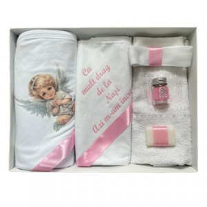 Trusou de botez, 6 piese Baby Ingeras imprimat, roz