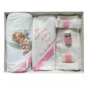Trusou de botez, 6 piese Baby Ingeras imprimat, roz