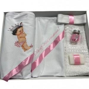 Trusou de botez, 6 piese .Printesa Bebelus. imprimat, roz pudra