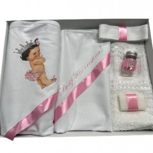 Trusou de botez, 6 piese .Printesa Bebelus. imprimat, roz pudra