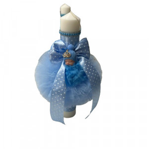 Lumanare de botez, cu tull si pufulete, bleu