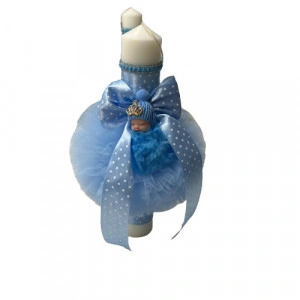 Lumanare de botez, cu tull si pufulete, bleu