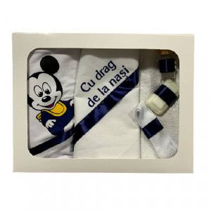 Trusou pentru botez,imprimat,Mickey Mouse,alb-bleumarin,6 piese