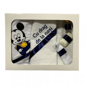 Trusou pentru botez,imprimat,Mickey Mouse,alb-bleumarin,6 piese